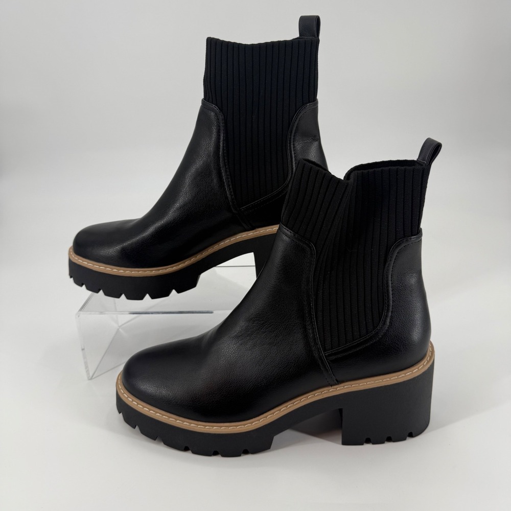 DV Dolce Vita Trooper Black Lug Sole Sock Ankle Boots Wm 10 Platform Block Heel